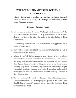 EXTRAORDINARY MINISTERS of HOLY COMMUNION Ministry Guidelines to Be Observed Based on the Instructions and Directions from the Vatican, U.S