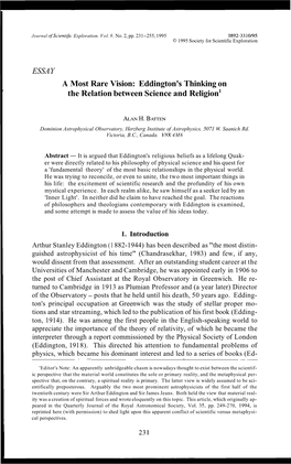 ESSAY a Most Rare Vision: Eddington's Thinking on the Relation Between Science and Religion1