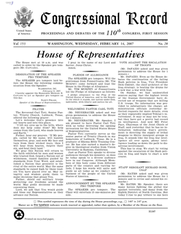 Congressional Record United States Th of America PROCEEDINGS and DEBATES of the 110 CONGRESS, FIRST SESSION