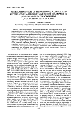 Age-Related Effects of Testosterone, Plumage, and Experience on Aggression and Social Dominance in Juvenile Male Satin Bowerbirds (Ptilonorhynchus Violaceus)