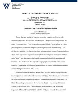 Populism of the Twenty-First Century” Woodrow Wilson International Center for Scholars Washington, D.C