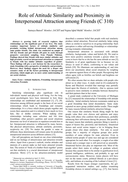 Role of Attitude Similarity and Proximity in Interpersonal Attraction Among Friends (C 310)