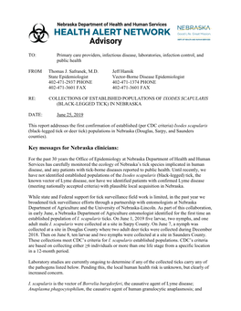 Collections of Established Populations of Ixodes Scapularis (Black-Legged Tick) in Nebraska