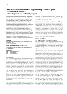 Post-Transcriptional Control by Global Regulators of Gene Expression in Bacteria Teresa Nogueira and Mathias Springer*