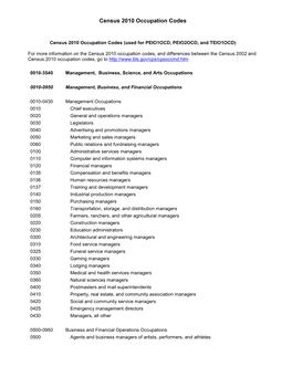 Census 2010 Occupation Codes