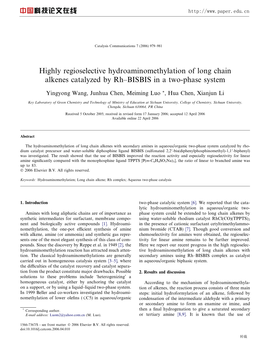 Highly Regioselective Hydroaminomethylation of Long Chain Alkenes Catalyzed by Rh–BISBIS in a Two-Phase System