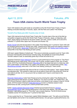 April 13, 2019 Fukuoka, JPN Team USA Claims Fourth World Team Trophy