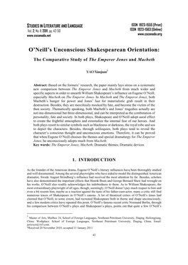 O'neill's Unconscious Shakespearean Orientation