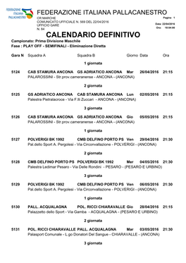 CALENDARIO DEFINITIVO Campionato: Prima Divisione Maschile Fase : PLAY OFF - SEMIFINALI - Eliminazione Diretta