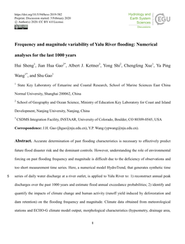 Frequency and Magnitude Variability of Yalu River Flooding: Numerical