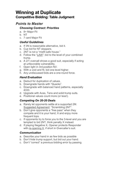 Winning at Duplicate Competitive Bidding: Table Judgment Points to Master Choosing Contract: Priorities A