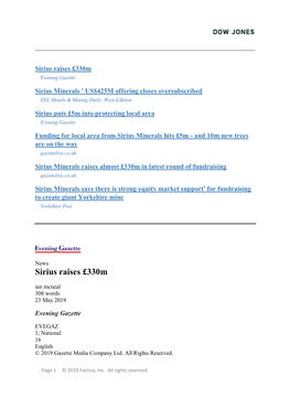 Sirius Minerals ' US$425M Offering Closes Oversubscribed SNL Metals & Mining Daily: West Edition