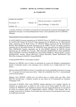 Compte-Rendu Conseil Communautaire Du 26-07-2012