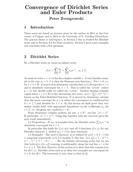 Convergence of Dirichlet Series and Euler Products Peter Zvengrowski