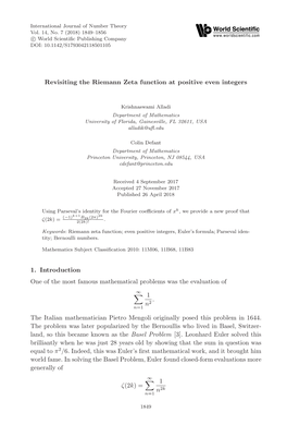 Revisiting the Riemann Zeta Function at Positive Even Integers 1. Introduction One of the Most Famous Mathematical Problems