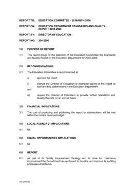 Education Committee – 20 March 2006 Report On