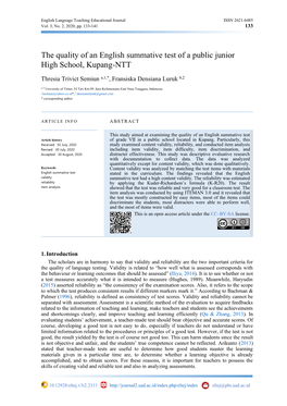 The Quality of an English Summative Test of a Public Junior High School, Kupang-NTT