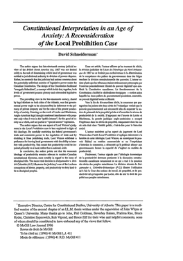 Constitutional Interpretation in an Age of Anxiety: a Reconsideration of the Local Prohibition Case