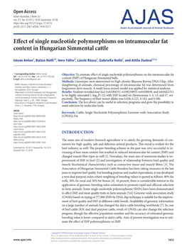 Effect of Single Nucleotide Polymorphisms on Intramuscular Fat Content in Hungarian Simmental Cattle