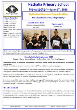 Nathalia Primary School Newsletter—June 6Th, 2018