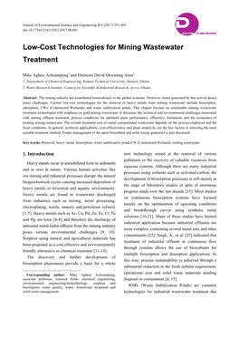 Low-Cost Technologies for Mining Wastewater Treatment