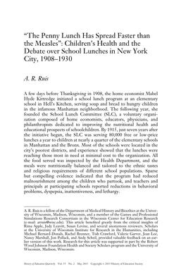 “The Penny Lunch Has Spread Faster Than the Measles”: Children’S Health and the Debate Over School Lunches in New York City, 1908–1930