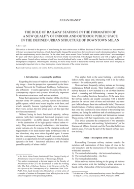 The Role of Railway Stations in the Formation of a New Quality of Indoor and Outdoor Public Space in the Defined Urban Structure of Downtown Milan