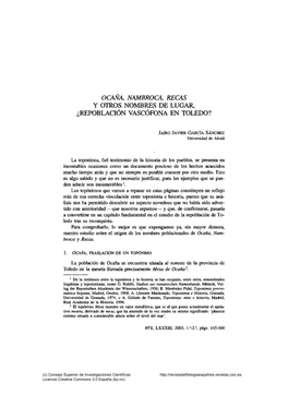 Ocaña, Nambroca, Recas Y Otros Nombres De Lugar ¿Repoblación