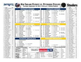 New England Patriots Vs. Pittsburgh Steelers Thursday, September 10, 2015 • 8:30 P.M