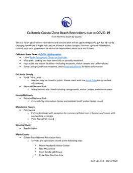 California Coastal Zone Beach Restrictions Due to COVID-19 from North to South by County