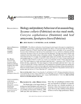 Biology and Predatory Behaviour of an Assassin Bug, Sycanus Collaris (Fabricius) on Rice Meal Moth, Corcyra Cephalonica (Stainto