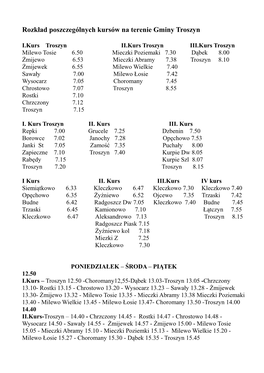 Rozkład Poszczególnych Kursów Na Terenie Gminy Troszyn