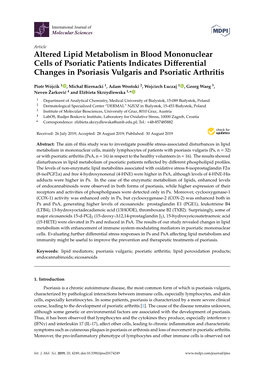 Altered Lipid Metabolism in Blood Mononuclear Cells of Psoriatic Patients Indicates Diﬀerential Changes in Psoriasis Vulgaris and Psoriatic Arthritis