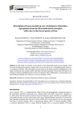 Description of Lacon Mertliki Sp. Nov. (Coleoptera: Elateridae: Agrypninae) from the Hyrcanian Forest Ecoregion, with a Key to the Lacon Species of Iran