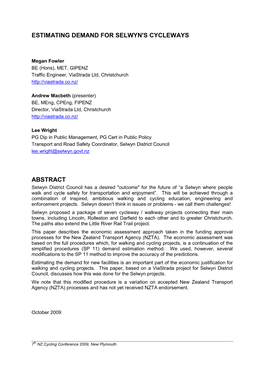 Estimating Demand for Selwyn's Cycleways Abstract