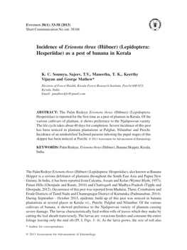 Incidence of Erionota Thrax (Hübner) (Lepidoptera: Hesperiidae) As a Pest of Banana in Kerala