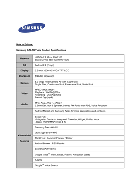 Note to Editors: Samsung GALAXY Ace Product Specifications Network