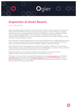 Acquisition of Aman Resorts News - 06/03/2014