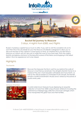 Bucket List Journey to Moscow 5 Days, 4 Nights from £585, Excl Flights