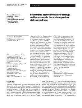 Relationship Between Ventilatory Settings and Barotrauma in the Acute Respiratory Distress Syndrome