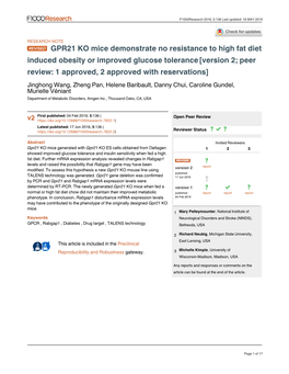 GPR21 KO Mice Demonstrate No Resistance to High Fat Diet Induced