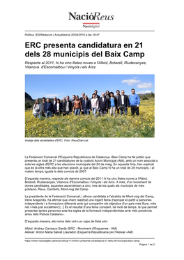 ERC Presenta Candidatura En 21 Dels 28 Municipis Del Baix Camp