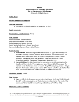 Agenda Regular Meeting of the Mayor and Council City of Chattahoochee Hills, Georgia October 1, 2019 / 6:00 P.M