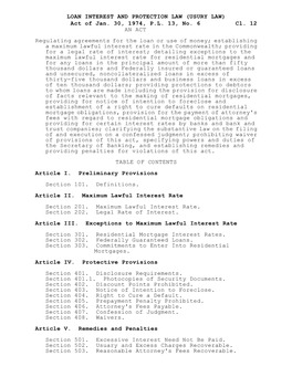 LOAN INTEREST and PROTECTION LAW (USURY LAW) Act of Jan