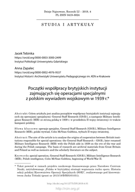 Początki Współpracy Brytyjskich Instytucji Zajmujących Się Operacjami Specjalnymi Z Polskim Wywiadem Wojskowym W 1939 R.*