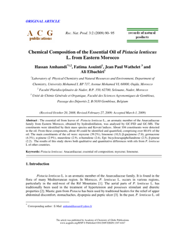 Chemical Composition of the Essential Oil of Pistacia Lentiscus L