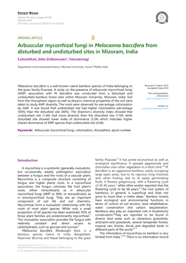 Arbuscular Mycorrhizal Fungi in Melocanna Baccifera from Disturbed and Undisturbed Sites in Mizoram, India Lalnunthari, John Zothanzama*, Saizamrengi