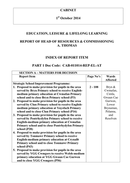 CABINET 1 October 2014 EDUCATION, LEISURE
