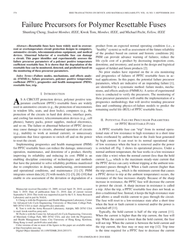 Failure Precursors for Polymer Resettable Fuses Shunfeng Cheng, Student Member, IEEE,Kwoktom,Member, IEEE, and Michael Pecht, Fellow, IEEE