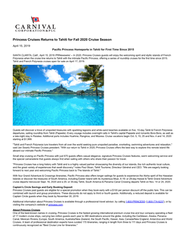 Princess Cruises Returns to Tahiti for Fall 2020 Cruise Season